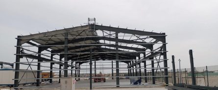 Erected steel portal frame of a warehouse