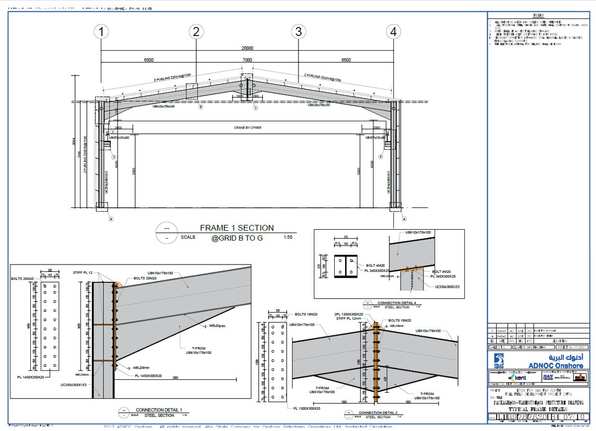 Drawing sheet of a portal frame section with connection details