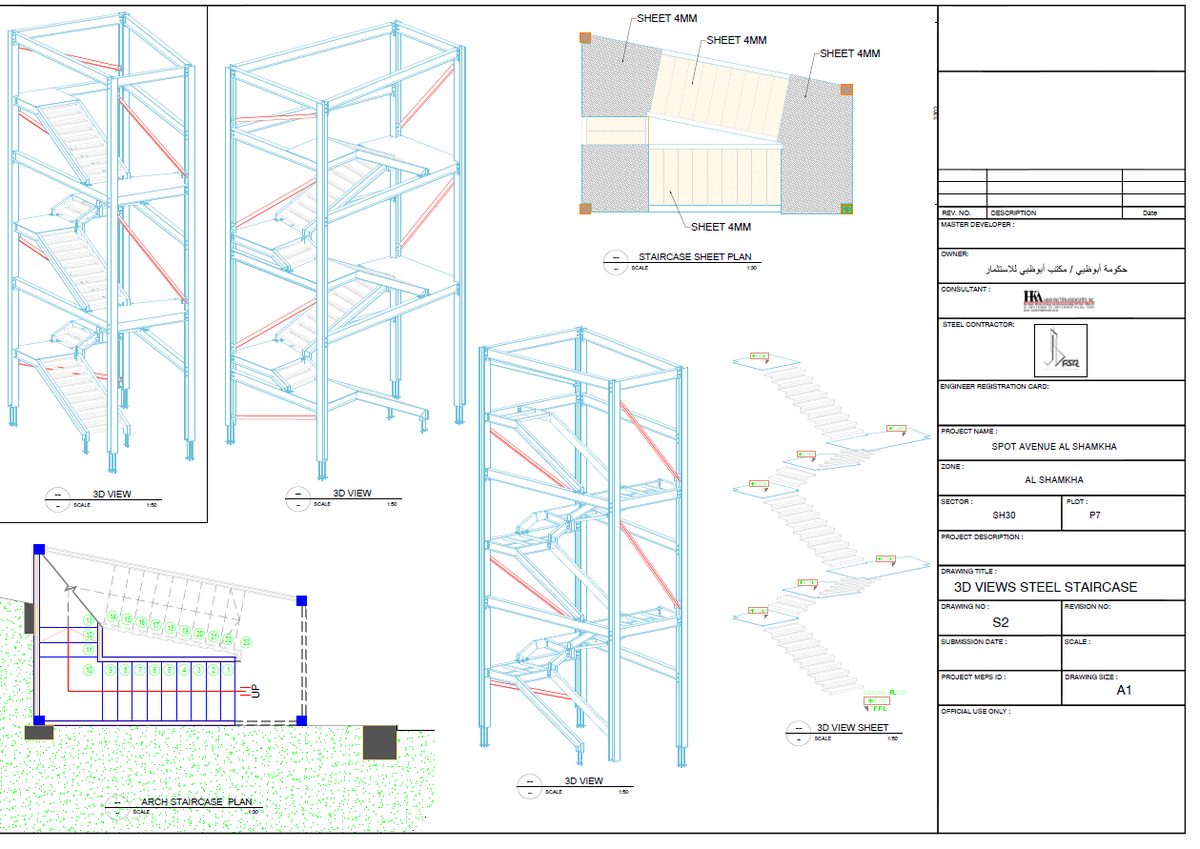 Drawing sheet of a steel staircase with plan and 3D views