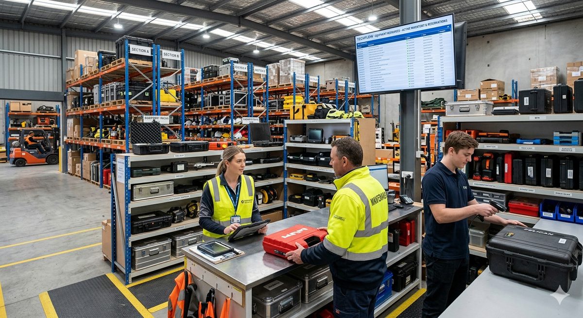 Workers checking tools and equipment in the workshop store