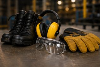 Safety boots, ear defenders, glasses and gloves