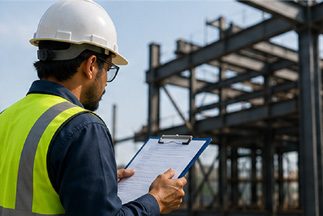 Site engineer in a hard hat checking a clipboard in front of steelwork