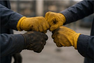 Gloved fist bump between two workers