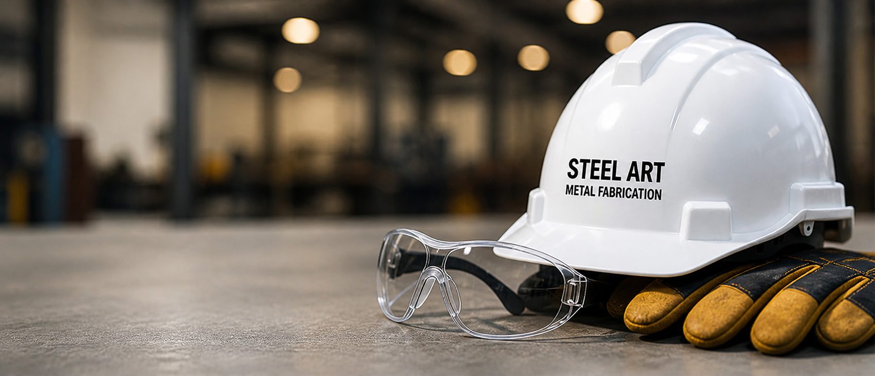 Steel Art hard hat, safety glasses and gloves on a workshop floor