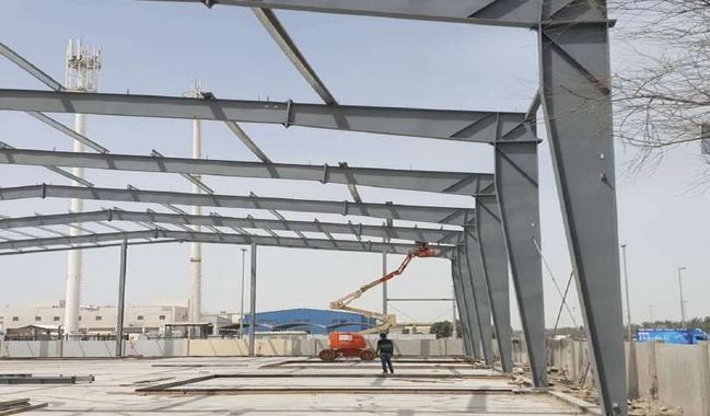 Warehouse steel frame with roof beams in place
